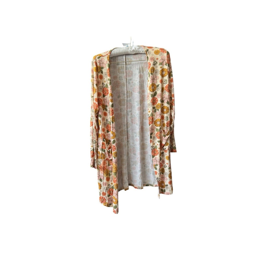 Michelle Mae L Floral Duster Cardigan Boho Open Front Pockets Rayon Retro